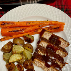 Dark Chocolate Balsamic Pork Tenderloin with Roasted Potatoes and Carrots