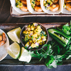 Shrimp Tacos with Mango Sriracha Pineapple Salsa